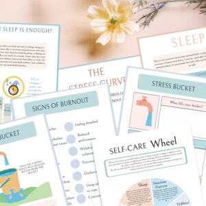 Alternative view of 1 Self-Care & Stress Management Guide with hand-painted orange floral, cloud, and heart patterns. Suitable for use - in stress management, self-care guide, sleep and relaxation, healthy coping skills, and nightmare protocol. 70 pages