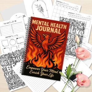 120-page Mental Health Journal with a symmetric, dynamic, and powerful Flame Bird illustration. Suitable for use with Anxiety & Mood Tracker, Self-Care Planner, Wellness Toolkit, Mindfulness Worksheet, Minimalist Journal, Aesthetic Planner, Premium