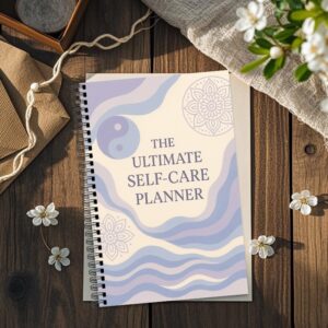 Alternative view of A 70-page Self-Care & Stress Management Guide with a simple purple floral and circular design. Suitable for use in stress management, self-care guides, sleep and relaxation, healthy coping skills, and nighttime protocols.